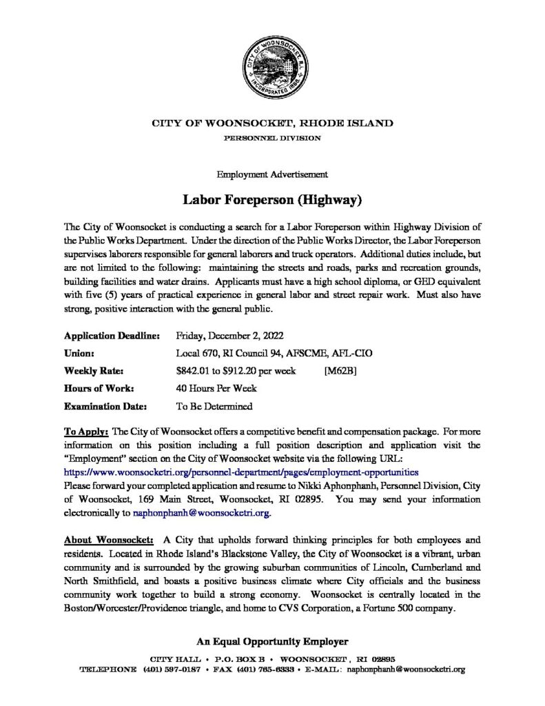 Labor Foreperson Job Posting City of Woonsocket, RI Cranes101