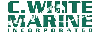 C. White Marine Incorporation logo. Large green block letters in two rows - C. White in first, Marine in second. A white wave is cut through the green with a transparency effect. The final line, "incorporated" is the same green block font, but smaller.